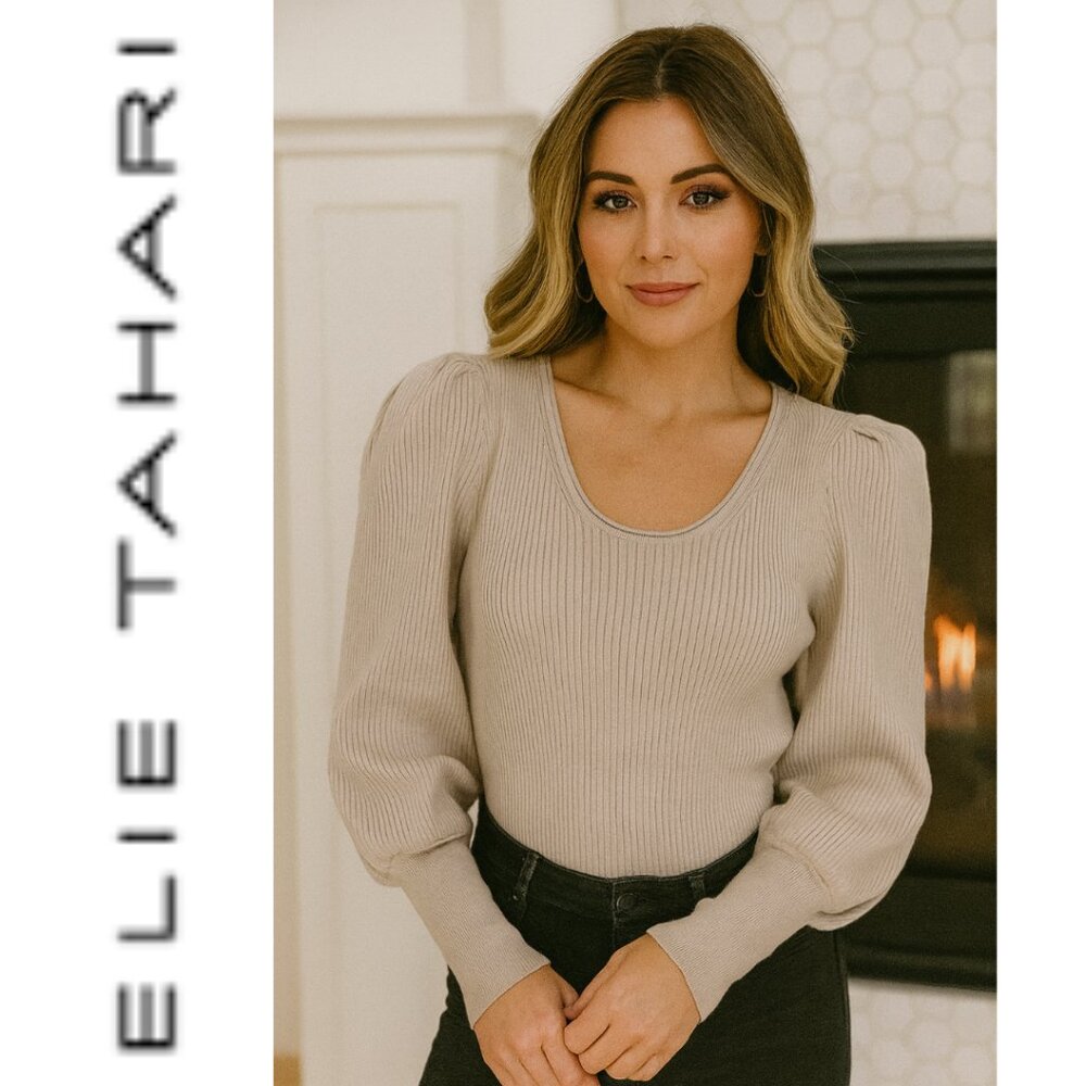 Elie Tahari Ribbed, Long Sleeves, Puff Shoulder Top (Size M)